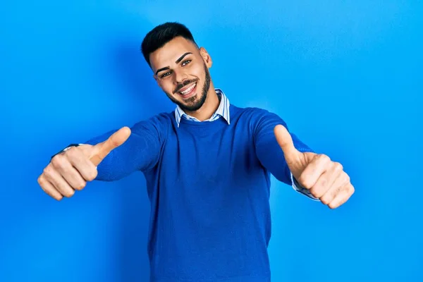 Young Hispanic Man Beard Wearing Casual Blue Sweater Approving Doing — Stock Photo, Image