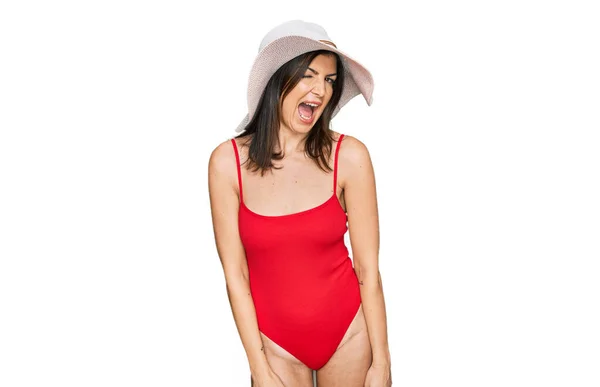 Beautiful Brunette Woman Wearing Swimsuit Summer Hat Winking Looking Camera — Stock Photo, Image