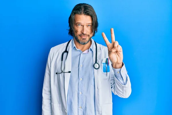 Middle Age Handsome Man Wearing Doctor Uniform Stethoscope Showing Pointing — Stock Photo, Image