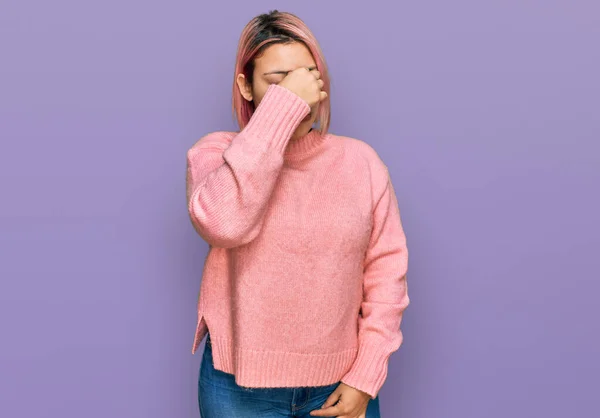 Hispanic Woman Pink Hair Wearing Casual Winter Sweater Tired Rubbing — Stock Photo, Image