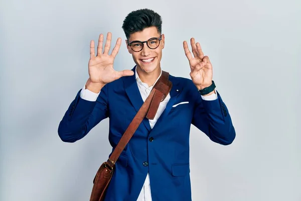 Young Hispanic Man Wearing Business Clothes Showing Pointing Fingers Number — Stock Photo, Image