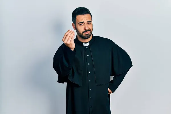 Handsome Hispanic Man Beard Wearing Catholic Priest Robe Doing Italian — Stock Photo, Image