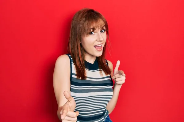 Redhead Young Woman Wearing Casual Shirt Pointing Fingers Camera Happy — Stock Photo, Image