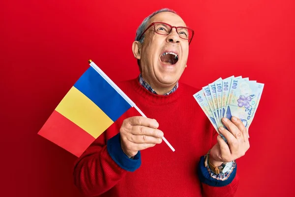 Hombre Mayor Guapo Con Pelo Gris Sosteniendo Bandera Romania Billetes —  Fotos de Stock