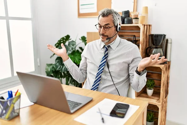 Middle Age Hispanic Business Man Working Office Wearing Operator Headset — Stock Photo, Image