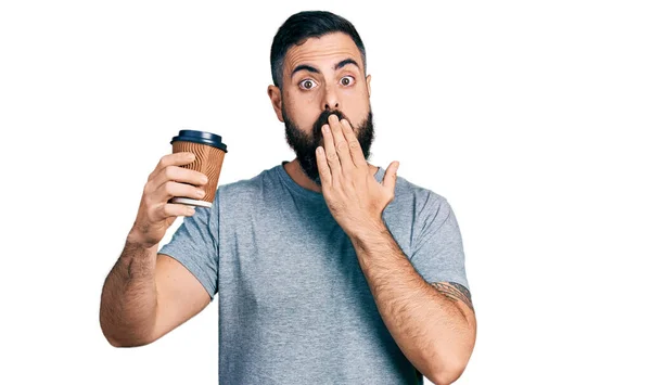 Hispanic Man Beard Drinking Take Away Cup Coffee Covering Mouth — Stock Photo, Image