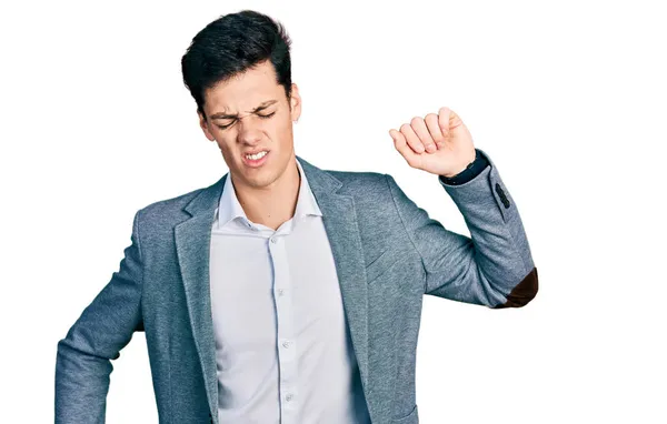 Young Hispanic Man Wearing Business Clothes Stretching Back Tired Relaxed — Stock Photo, Image