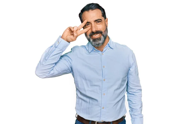 Middle Aged Man Beard Wearing Business Shirt Doing Peace Symbol — Stock Photo, Image
