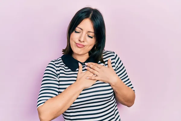 Young Hispanic Woman Wearing Casual Clothes Smiling Hands Chest Closed — Stock Photo, Image
