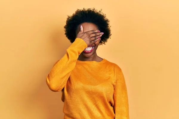 Young African American Woman Wearing Casual Clothes Smiling Laughing Hand — Stock Photo, Image