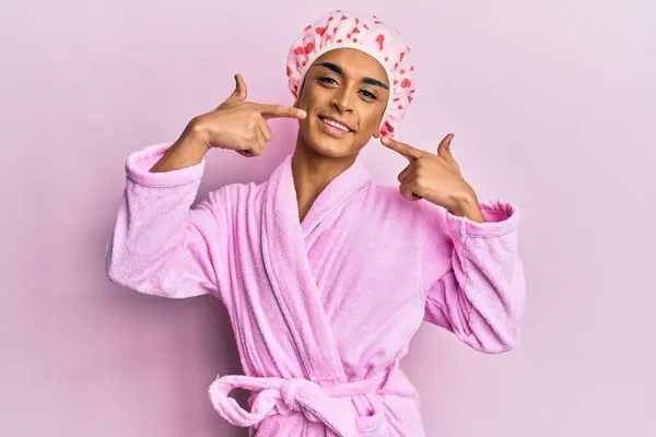 Hispanic Man Wearing Make Wearing Shower Towel Cap Bathrobe Smiling — Stock Photo, Image