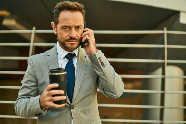 Middle Age Businessman Talking Smartphone Drinking Coffee City — Stock Photo, Image