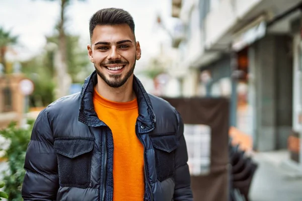 Handsome Hispanic Man Beard Smiling Happy Confident City Wearing Winter — Stock Photo, Image