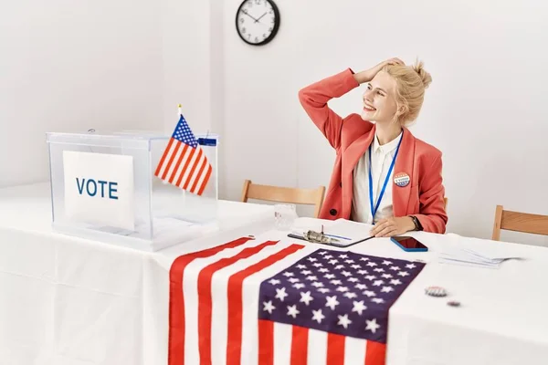 Beautiful Caucasian Woman Working Political Campaign Smiling Confident Touching Hair — Stock Photo, Image
