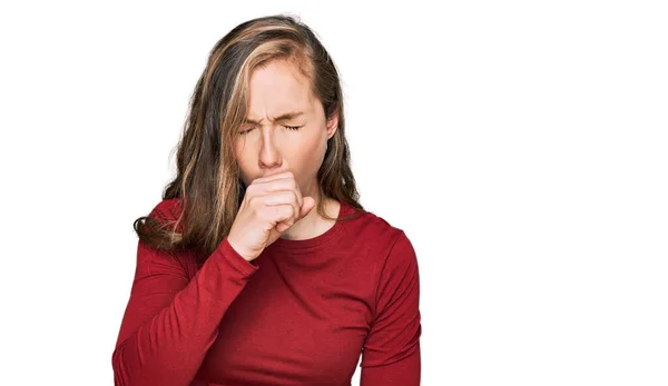 Young Blonde Woman Wearing Casual Clothes Feeling Unwell Coughing Symptom — Stock Photo, Image