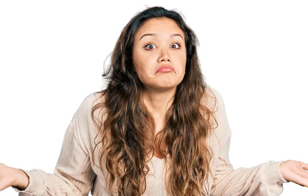 Young Hispanic Girl Wearing Casual Clothes Clueless Confused Open Arms — Stock Photo, Image