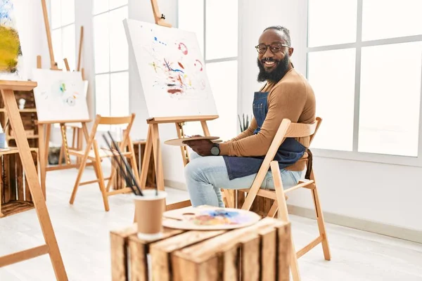 African American Artist Man Painting Canvas Art Studio Looking Positive — ストック写真