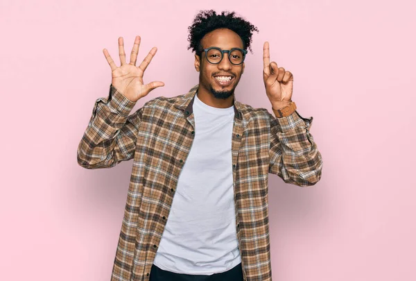 Young African American Man Beard Wearing Casual Clothes Glasses Showing — Stock Photo, Image