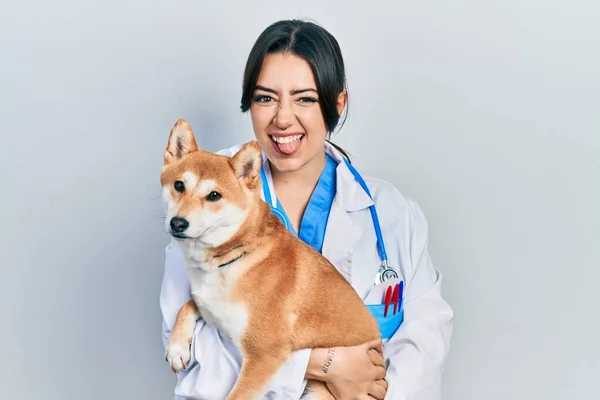 Beautiful Hispanic Veterinarian Woman Holding Dog Sticking Tongue Out Happy —  Fotos de Stock