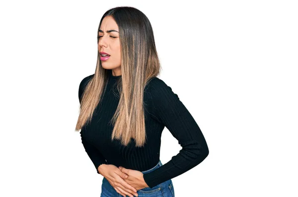 Young Hispanic Woman Wearing Casual Clothes Hand Stomach Because Nausea — Stock Photo, Image