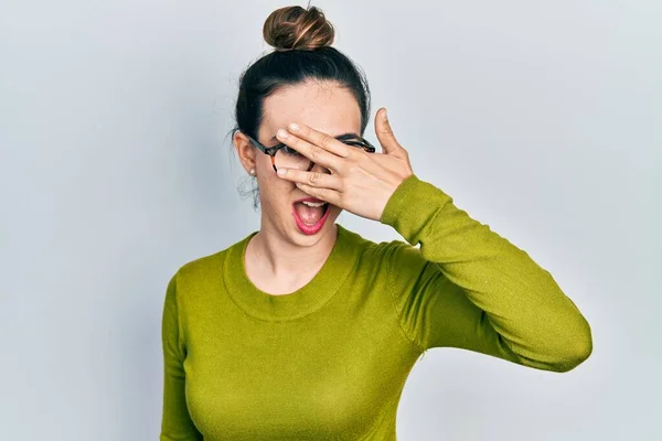 Young Hispanic Girl Wearing Casual Clothes Glasses Peeking Shock Covering — Stock Photo, Image