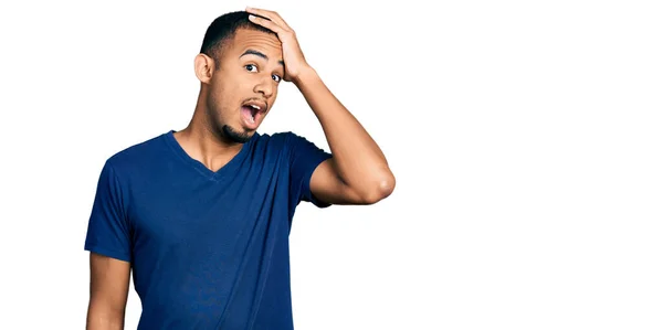 Young African American Man Wearing Casual Shirt Surprised Hand Head — Stock Photo, Image