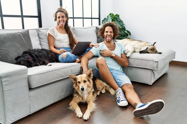 Jovem Casal Hispânico Com Cães Relaxando Casa Colando Língua Para — Fotografia de Stock