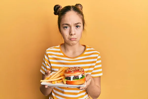 Beautiful Brunette Little Girl Eating Tasty Classic Burger Fries Depressed — Stock Photo, Image