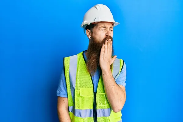 Redhead Man Long Beard Wearing Safety Helmet Reflective Jacket Bored — Stock Photo, Image