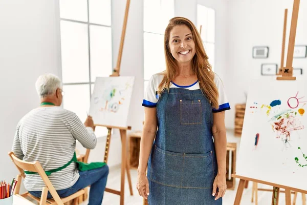 Hispanic Woman Wearing Apron Art Studio Happy Cool Smile Face — Foto Stock