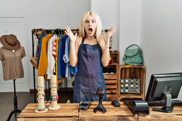 Beautiful Caucasian Woman Working Manager Retail Boutique Celebrating Victory Happy — Stock Photo, Image