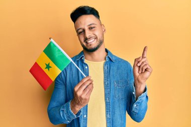 Genç Arap adam senegal bayrağını tutuyor mutlu bir şekilde gülümsüyor. 