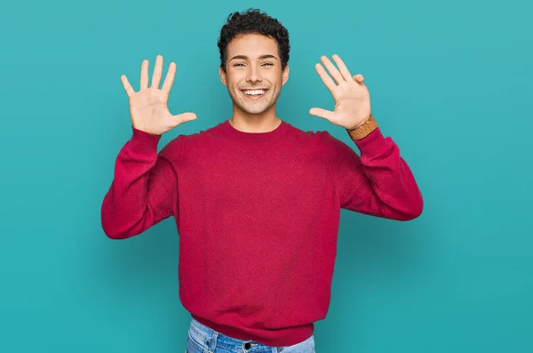 Junger Gutaussehender Mann Lässiger Kleidung Zeigt Mit Finger Nummer Neun — Stockfoto
