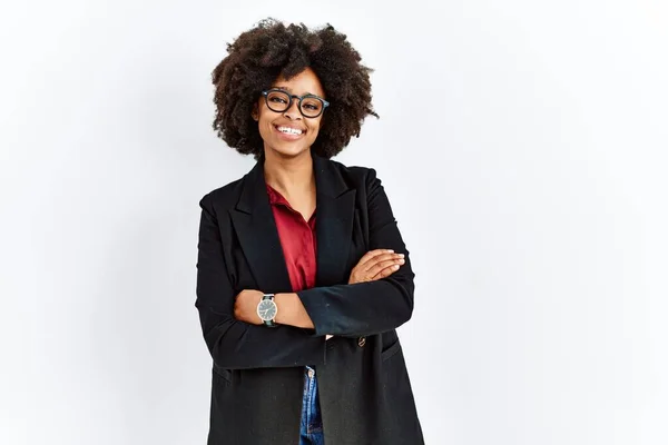 Mujer Afroamericana Con Pelo Afro Vistiendo Chaqueta Negocios Gafas Cara — Foto de Stock