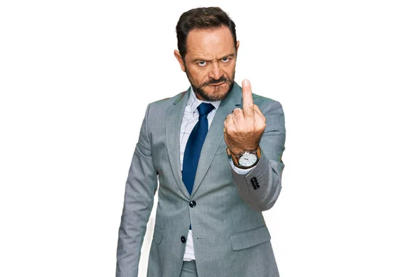 Middle Age Man Wearing Business Clothes Showing Middle Finger Impolite — Stok fotoğraf