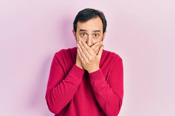 Middle Age Hispanic Man Wearing Casual Clothes Shocked Covering Mouth — Stock Photo, Image