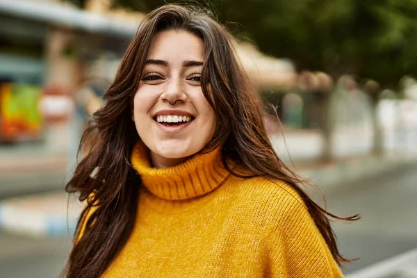 Young Beautiful Brunette Woman Wearing Turtleneck Sweater Smiling Happy Outdoors — Stock Photo, Image