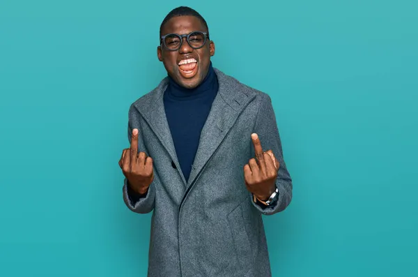 Young African American Man Wearing Business Clothes Glasses Showing Middle — Φωτογραφία Αρχείου