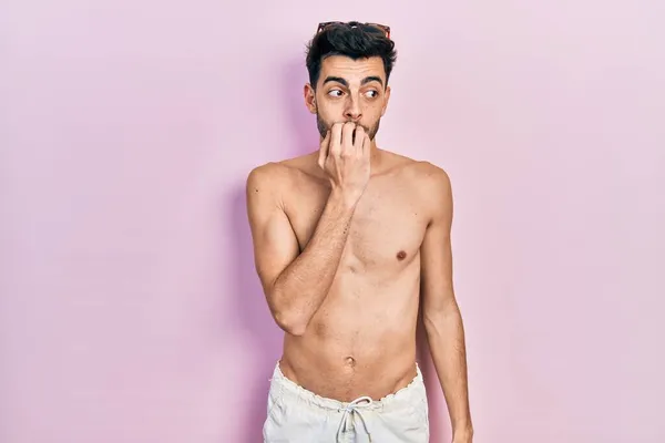 Young Hispanic Man Wearing Swimwear Shirtless Looking Stressed Nervous Hands — Stock Photo, Image