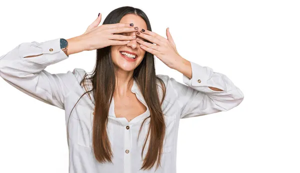 Young Beautiful Woman Wearing Casual White Shirt Covering Eyes Hands — Stock Photo, Image