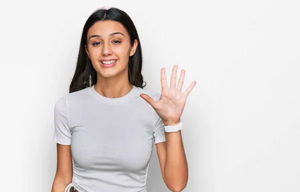 Young Hispanic Girl Wearing Casual White Shirt Showing Pointing Fingers — Stock Photo, Image