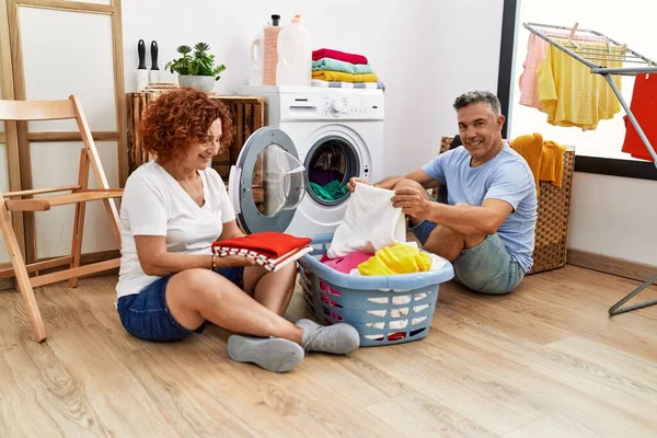 Middle Age Man Woman Couple Smiling Confident Washing Clothes Laundry — Stock Photo, Image