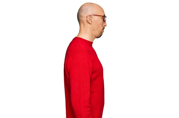 Bald Man Beard Wearing Casual Clothes Glasses Looking Side Relax — Stock Photo, Image