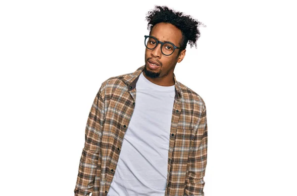 Young African American Man Beard Wearing Casual Clothes Glasses Shock — Stock Photo, Image
