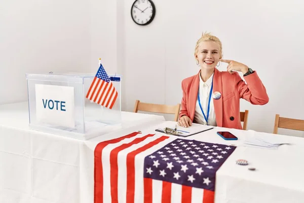 Beautiful Caucasian Woman Working Political Campaign Pointing Hand Finger Face — Stock Photo, Image