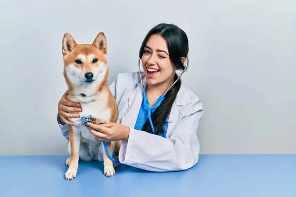 Beautiful Hispanic Veterinarian Woman Checking Dog Health Winking Looking Camera — Foto de Stock