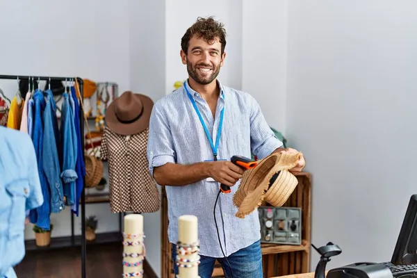 Young Hispanic Shopkeeper Man Smiling Happy Working Clothing Store — Stock Photo, Image