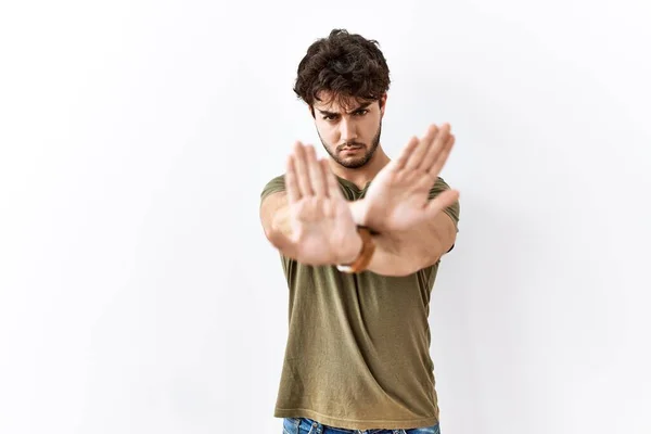 Hispanic Man Standing Isolated White Background Rejection Expression Crossing Arms — Stock Photo, Image