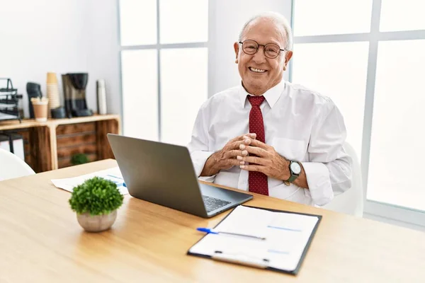 Senior Man Working Office Using Computer Laptop Hands Together Fingers — Stock Photo, Image