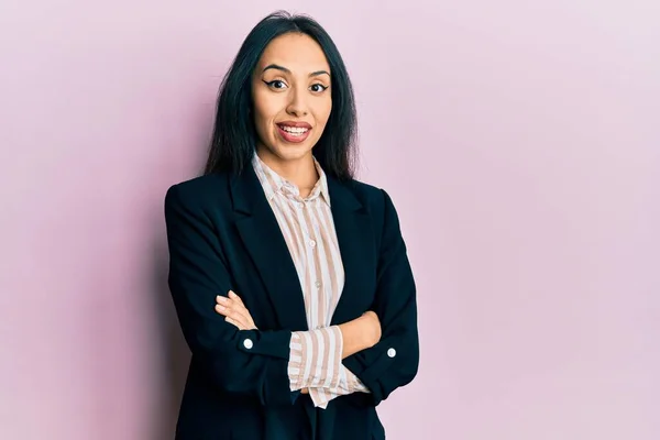 Young Hispanic Girl Wearing Business Clothes Arms Crossed Celebrating Crazy — Stock Photo, Image